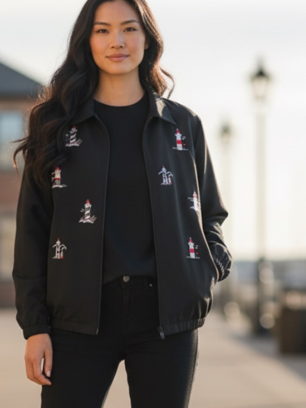 Bon Worth Black Lighthouse Embroidered Zip Front Jacket